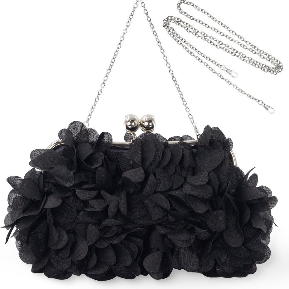 Women Elegant Satin Clutch Bag with Detachable Chain Small Floral Evening Purse - Picture 1 of 7